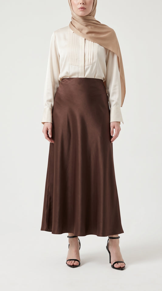 Women's Smooth Long Satin Silk Brown Skirt, Satin Glossy Fabric