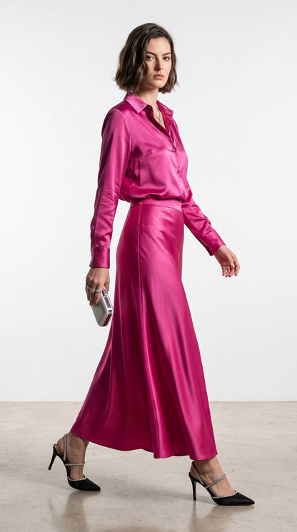 Prickly Pink Satin Silk Co-Ord Set – Long Sleeve Shirt & Maxi Skirt