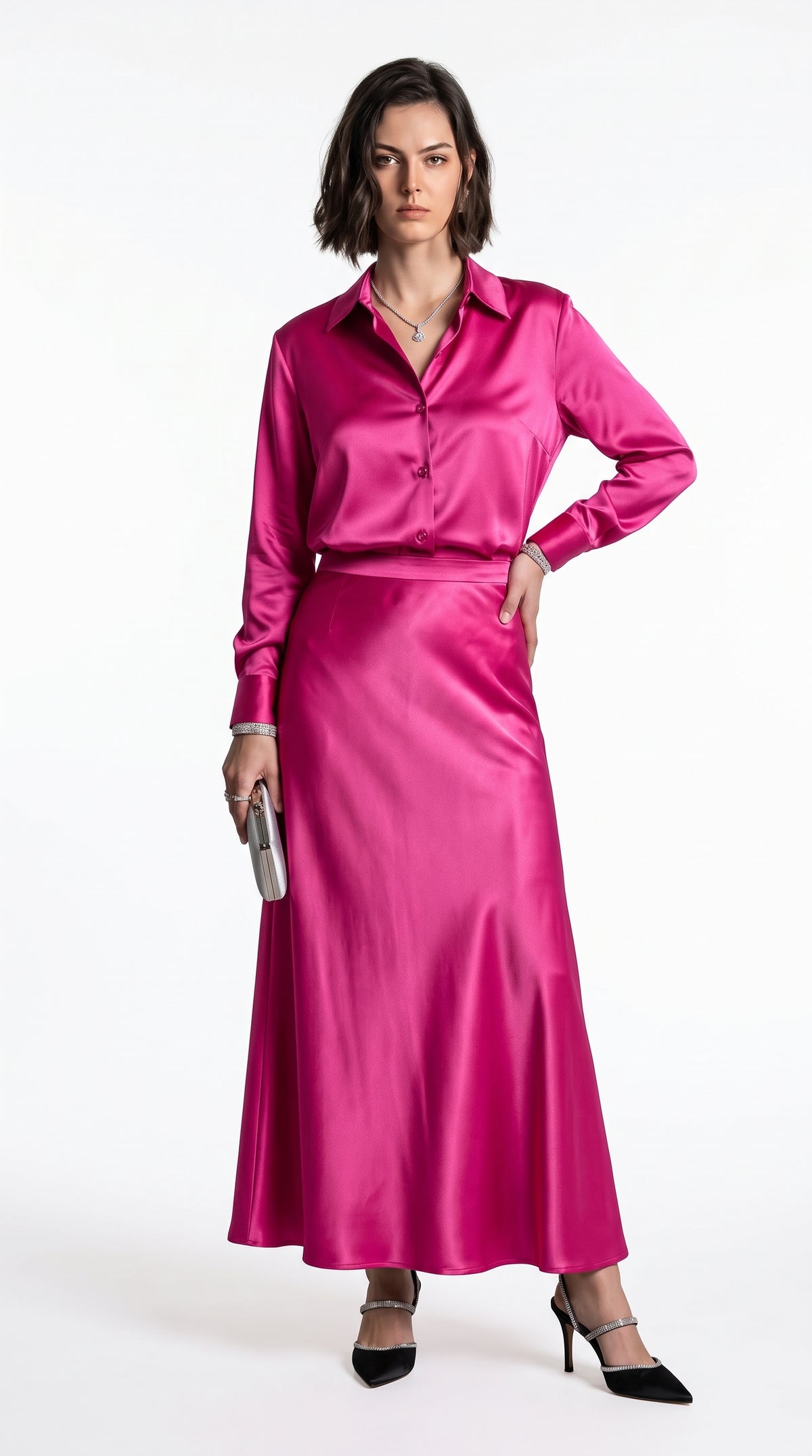 Prickly Pink Satin Silk Co-Ord Set – Long Sleeve Shirt & Maxi Skirt