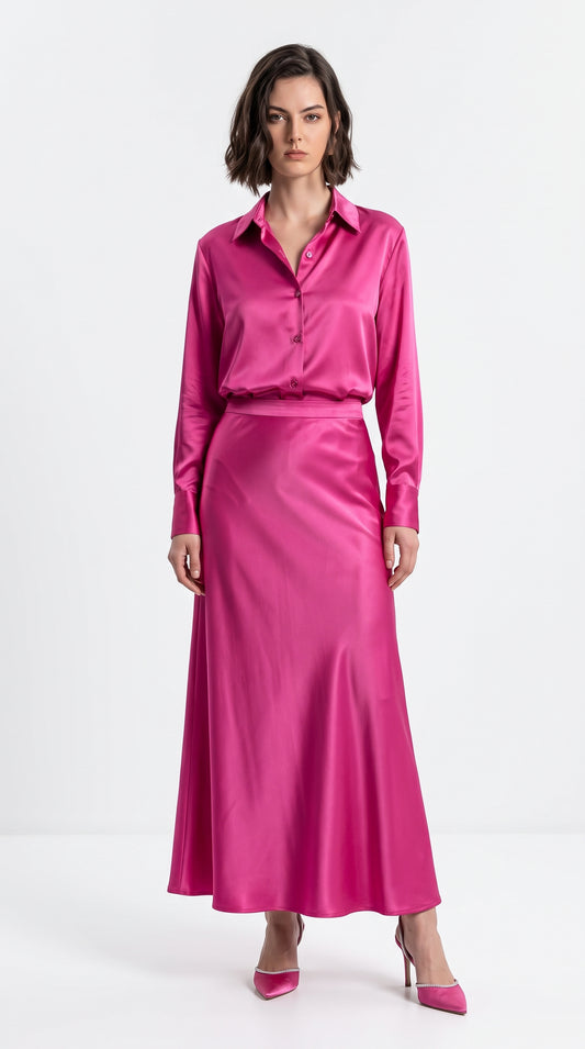 Prickly Pink Satin Silk Co-Ord Set – Long Sleeve Shirt & Maxi Skirt