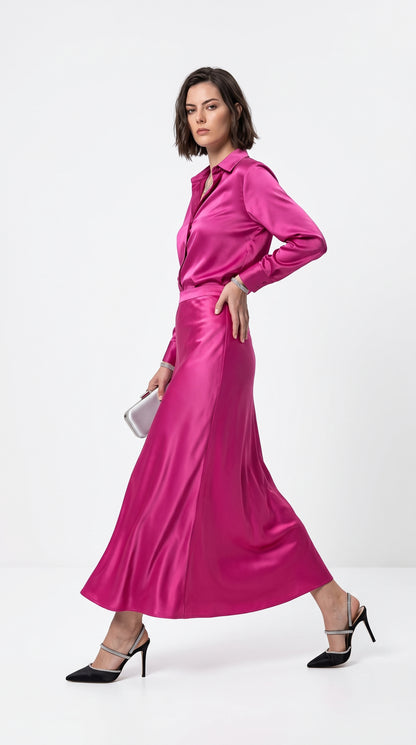Prickly Pink Satin Silk Co-Ord Set – Long Sleeve Shirt & Maxi Skirt