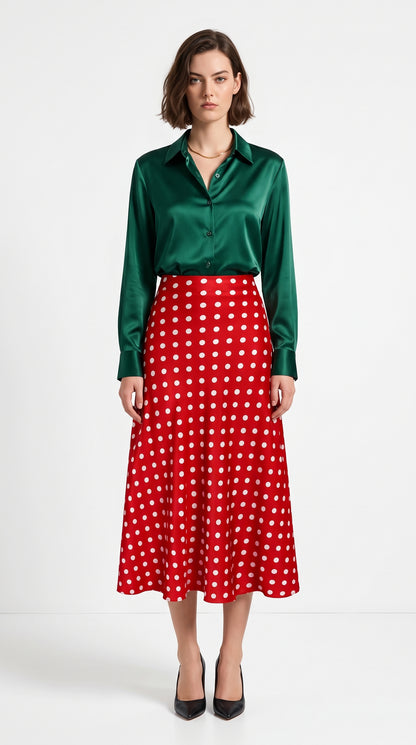 Red Polka Dot A-Line long Skirt – Non-Stretch Satin Silk