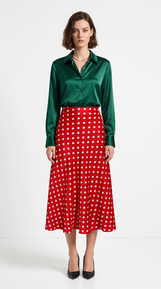 Red Polka Dot A-Line long Skirt – Non-Stretch Satin Silk
