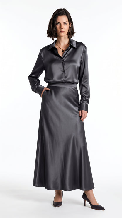 Women’s Satin Shirt & Long Skirt Set – Elegant Charcoal Grey Two-Piece Outfit