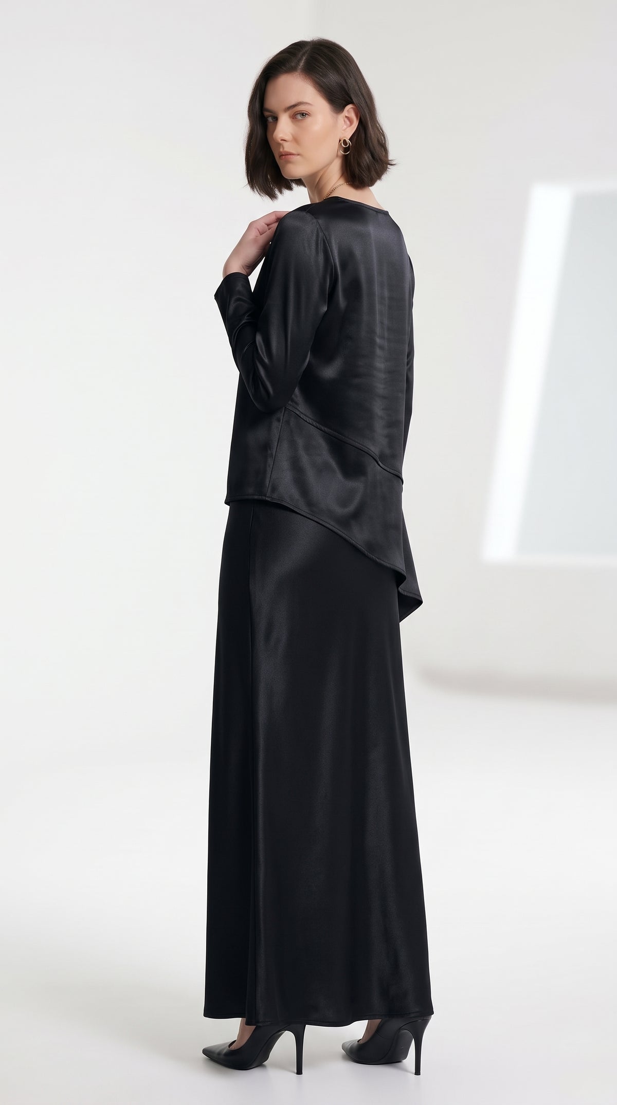 Luxe Satin Asymmetric Top & Maxi Skirt Set- Black Co-Ord Set