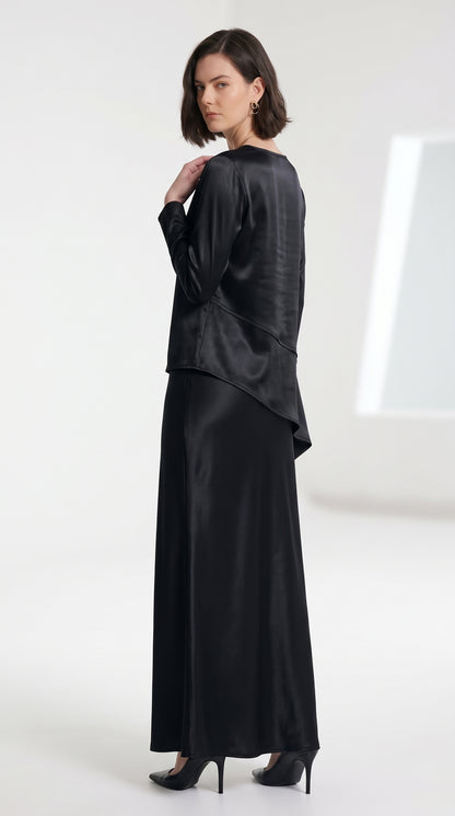 Luxe Satin Asymmetric Top & Maxi Skirt Set- Black Co-Ord Set