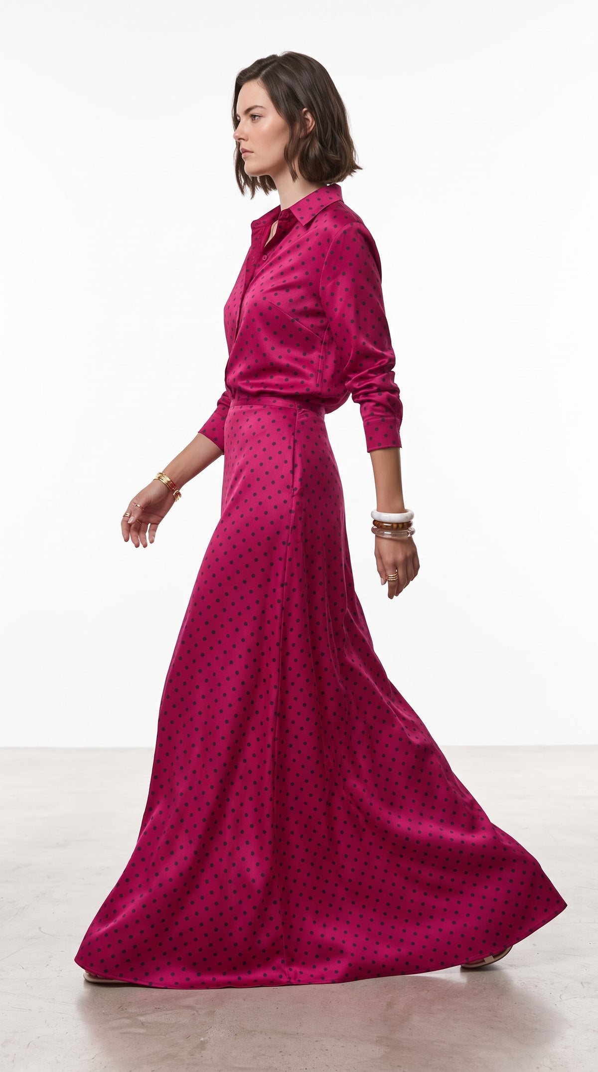 Women’s Pink Polka Dot Two-Piece Set – Satin Silk Shirt & Long Maxi Skirt