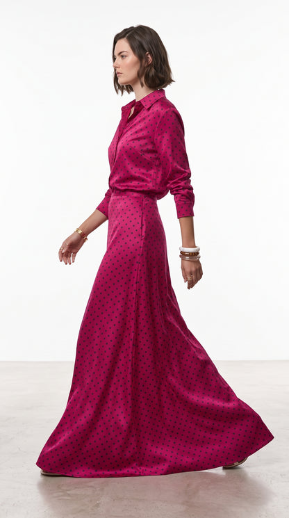 Women’s Pink Polka Dot Two-Piece Set – Satin Silk Shirt & Long Maxi Skirt