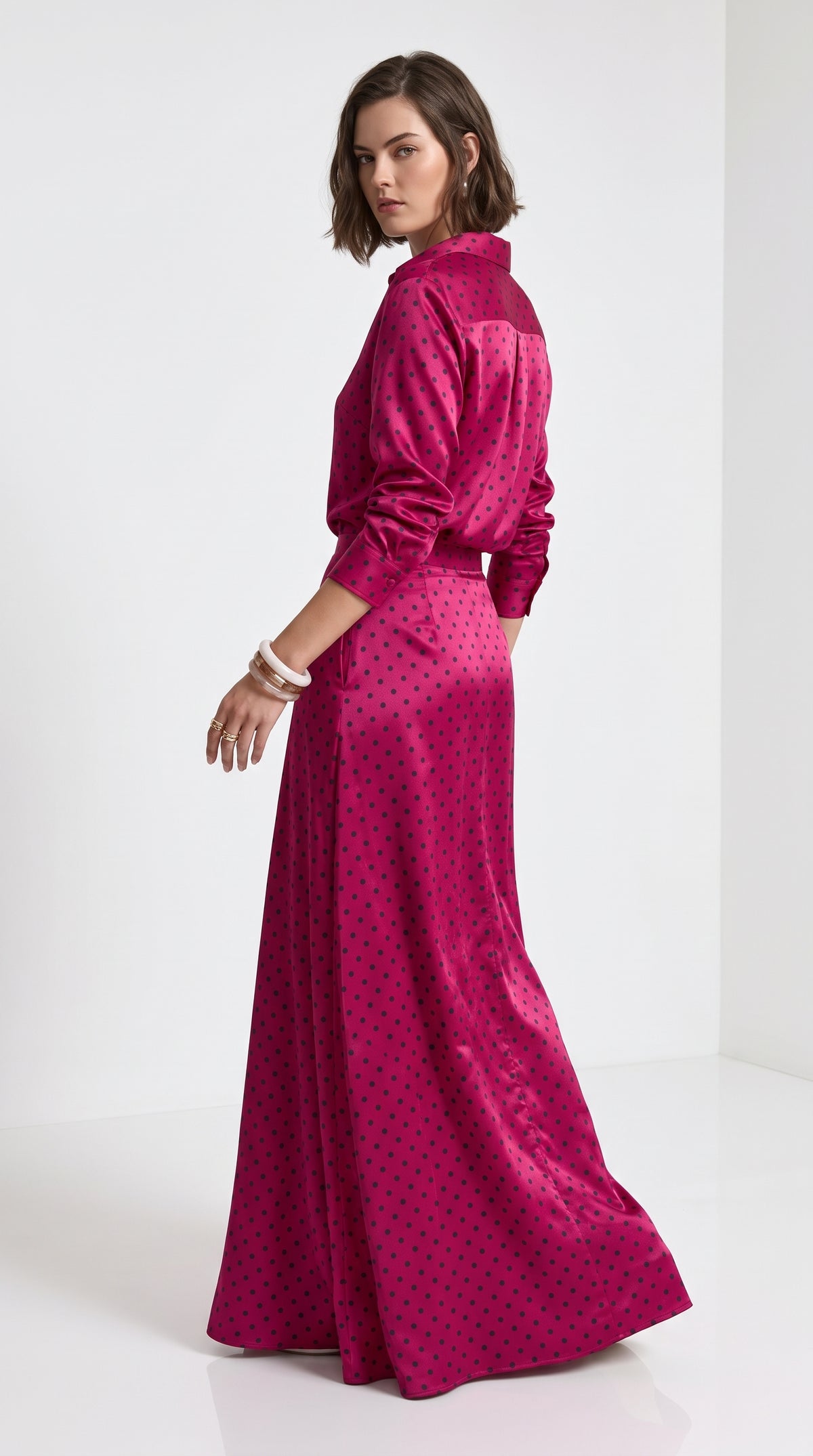 Women’s Pink Polka Dot Two-Piece Set – Satin Silk Shirt & Long Maxi Skirt
