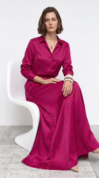 Women’s Pink Polka Dot Two-Piece Set – Satin Silk Shirt & Long Maxi Skirt