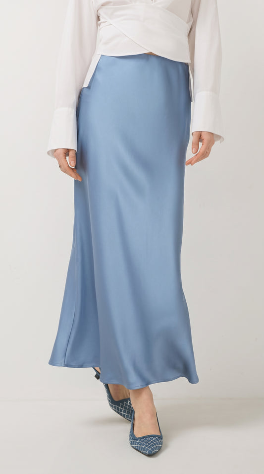 Full-Length Satin Skirt for Women – High Waist Solid Satin Blue Skirt