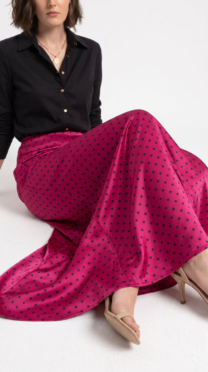 Women’s Red Polka Dot Long Maxi Skirt – Non-Stretch Satin Silk