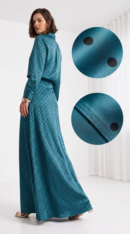 Petroleum Blue Polka Dot Co-Ord Set for Women – Satin Shirt & Full-Length Maxi Skirt