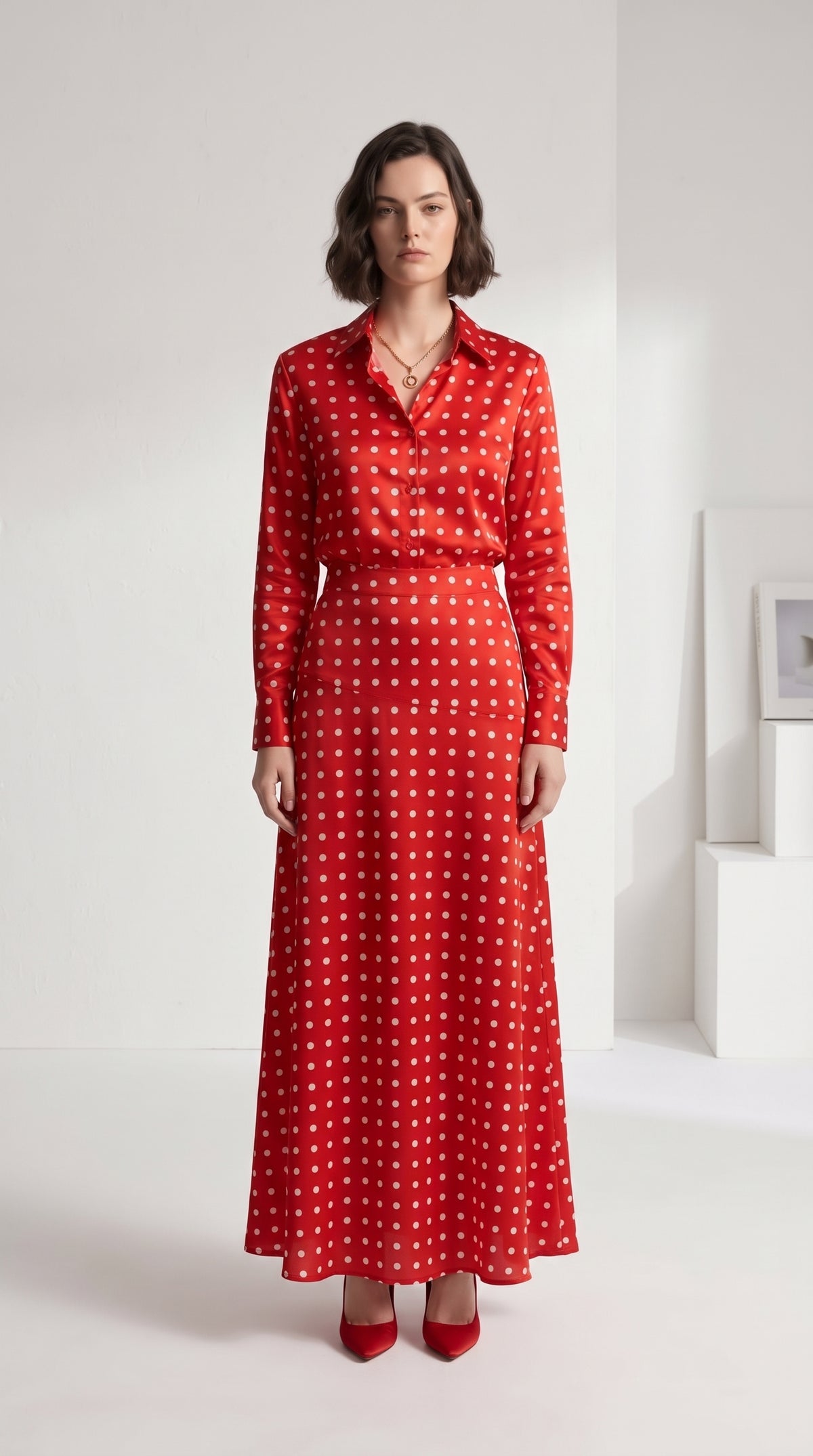 Red Polka Dot Satin Silk Shirt & Skirt Co-Ord Set