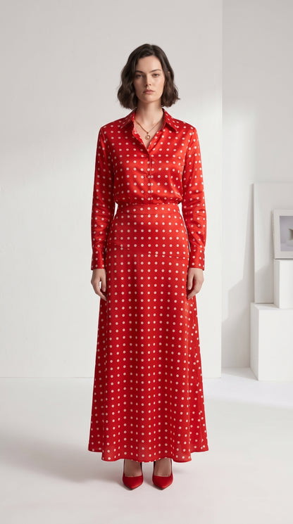 Red Polka Dot Satin Silk Shirt & Skirt Co-Ord Set