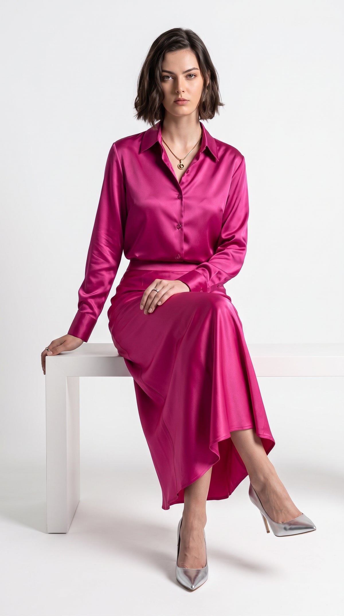Prickly Pink Satin Silk Co-Ord Set – Long Sleeve Shirt & Maxi Skirt