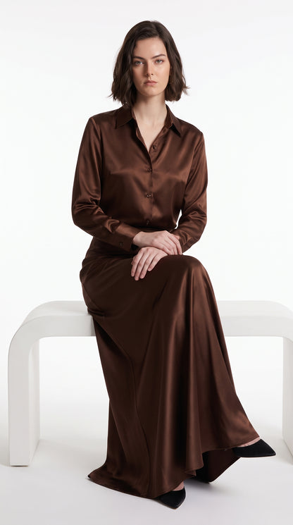 Brown Satin Silk Shirt & Maxi Skirt Co-Ord Set – Elegant Two-Piece Outfit