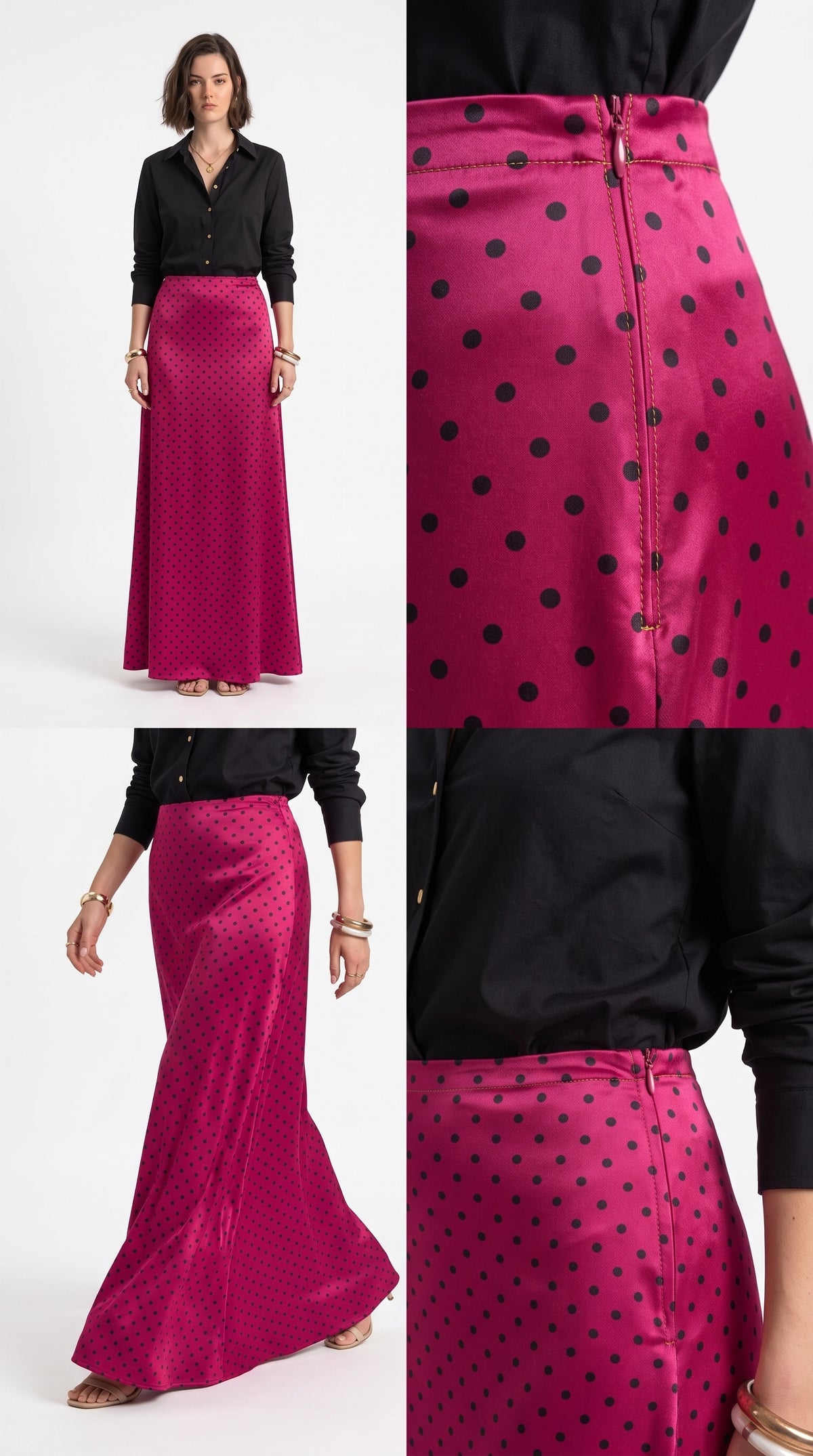 Women’s Red Polka Dot Long Maxi Skirt – Non-Stretch Satin Silk