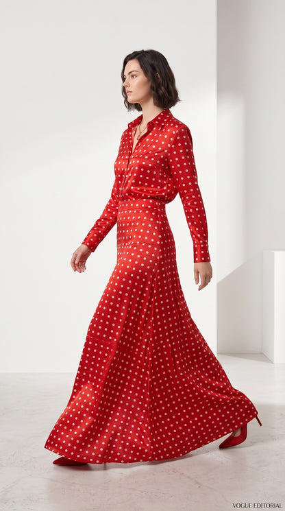 Red Polka Dot Satin Silk Shirt & Skirt Co-Ord Set