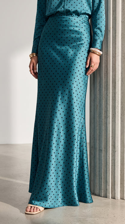 Petroleum Blue Polka Dot Co-Ord Set for Women – Satin Shirt & Full-Length Maxi Skirt