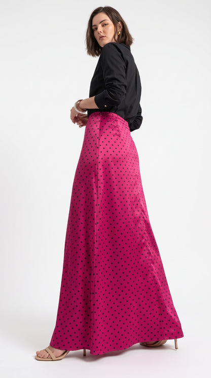 Women’s Red Polka Dot Long Maxi Skirt – Non-Stretch Satin Silk