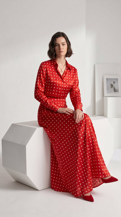 Red Polka Dot Satin Silk Shirt & Skirt Co-Ord Set