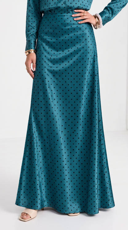 Petroleum Blue Polka Dot Co-Ord Set for Women – Satin Shirt & Full-Length Maxi Skirt