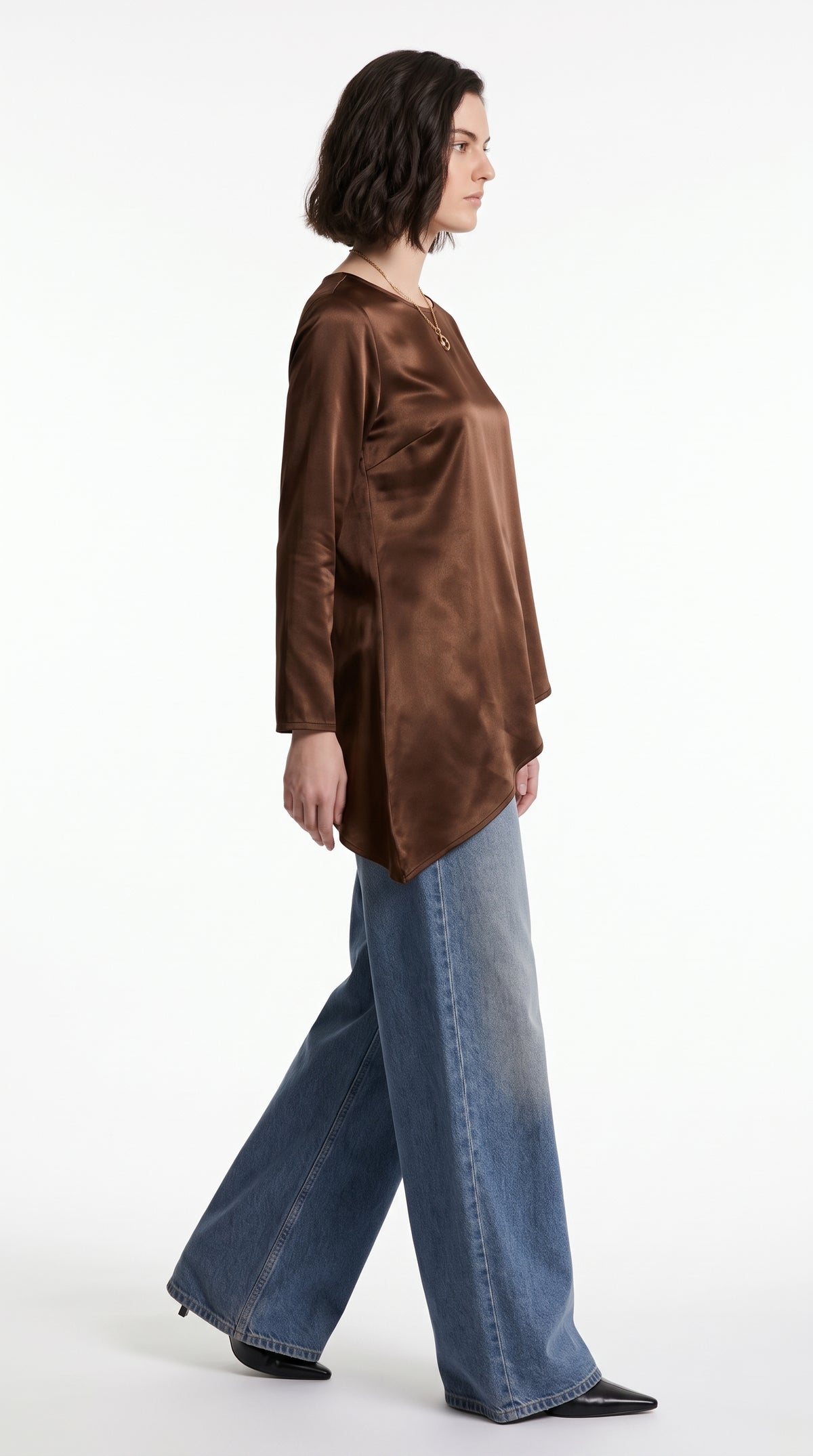 Brown Satin Texture Asymmetric Hem Long Sleeve Top