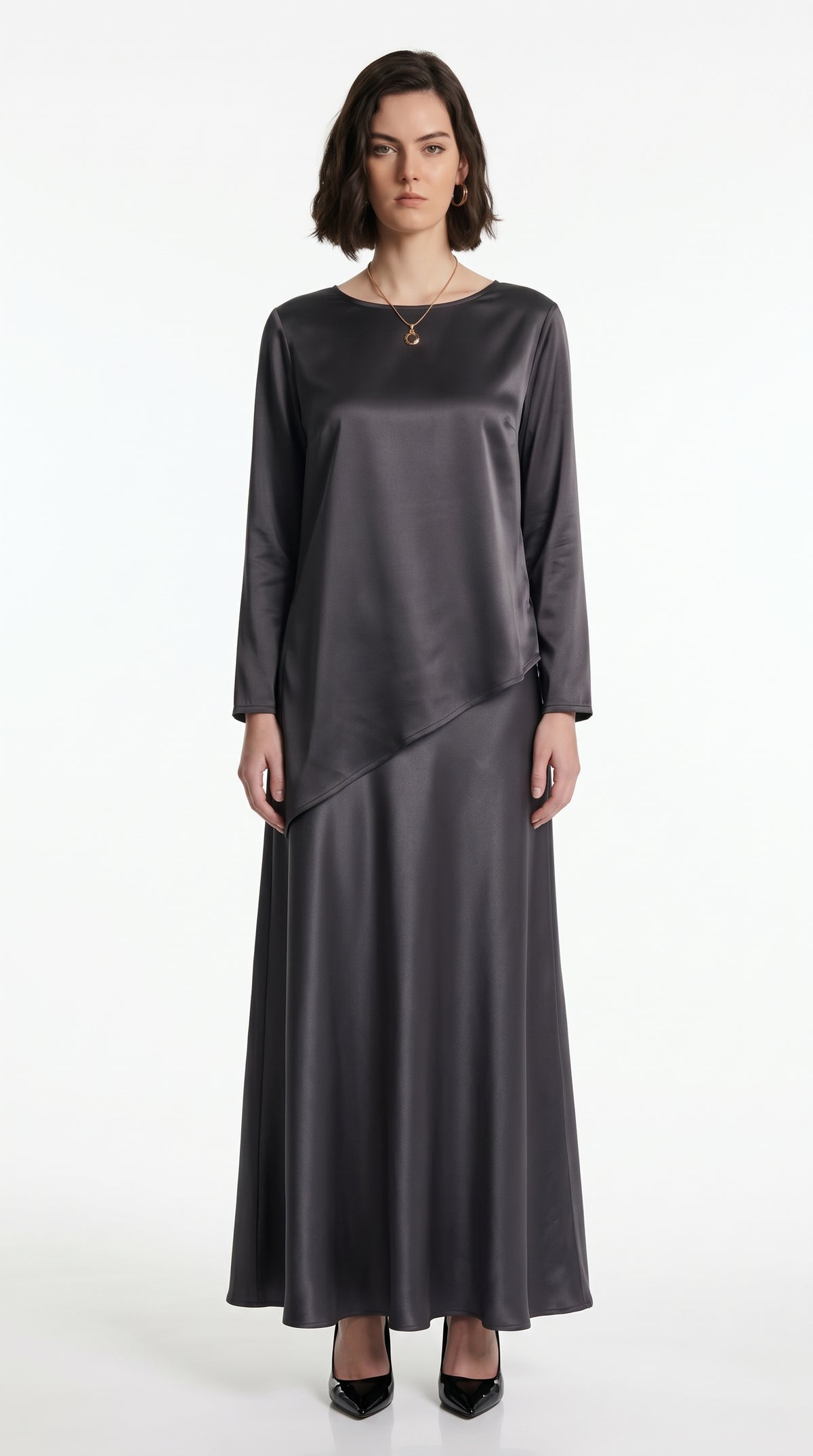Silk-Look Asymmetric Blouse & Maxi Skirt - Co-Ord Set