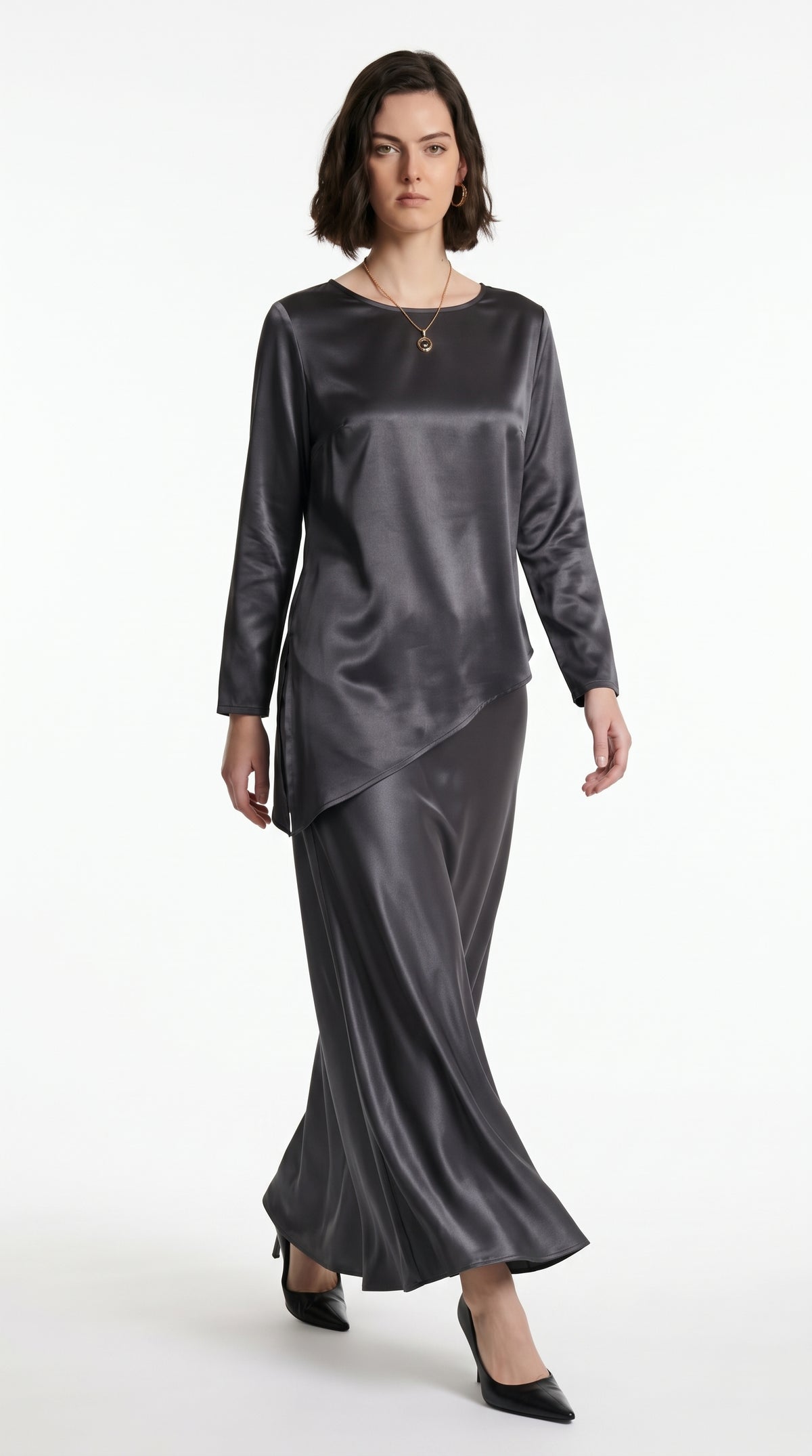 Silk-Look Asymmetric Blouse & Maxi Skirt - Co-Ord Set
