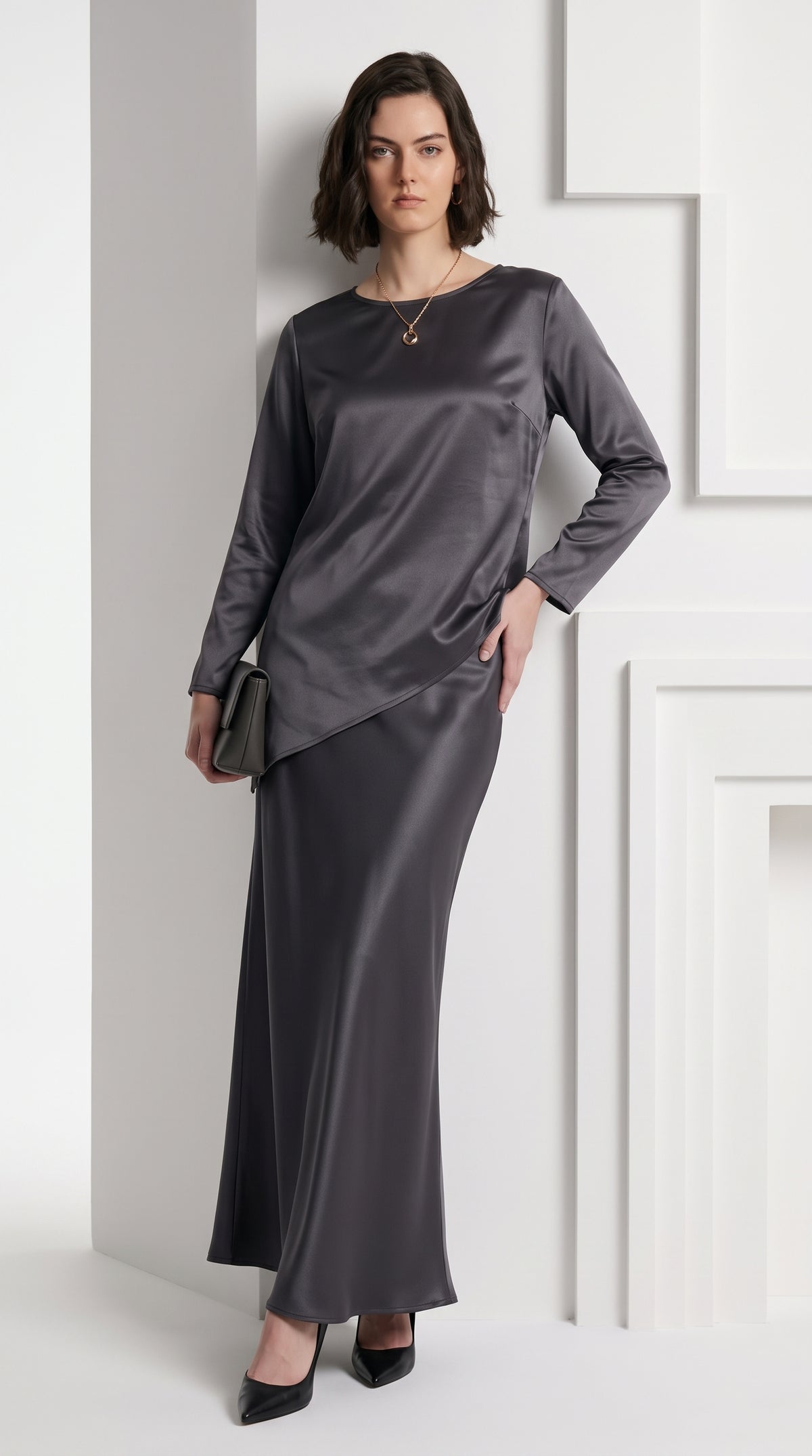 Silk-Look Asymmetric Blouse & Maxi Skirt - Co-Ord Set