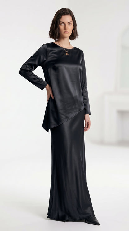 Luxe Satin Asymmetric Top & Maxi Skirt Set- Black Co-Ord Set