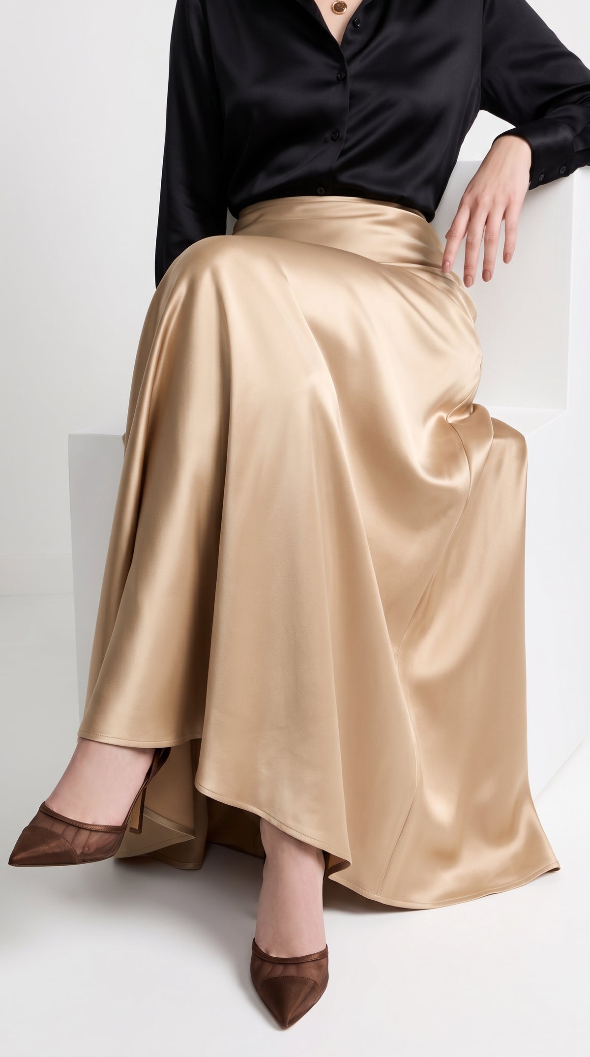 Full-Length Satin Skirt for Women – Elegant Champagne Fish Tail Hem Formal Wear