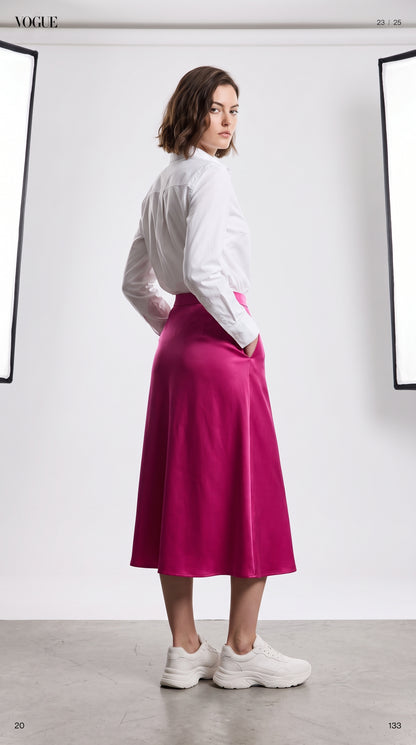Full-Length Satin Skirt for Women – High Waist Solid Satin Hot Pink