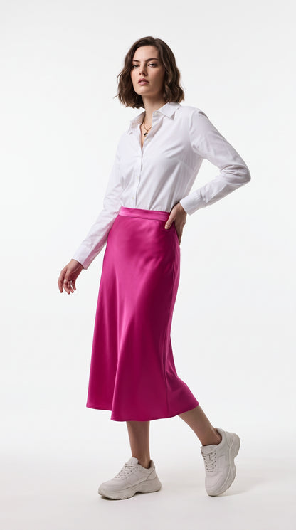 Full-Length Satin Skirt for Women – High Waist Solid Satin Hot Pink