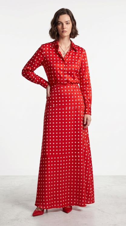 Red Polka Dot Satin Silk Shirt & Skirt Co-Ord Set