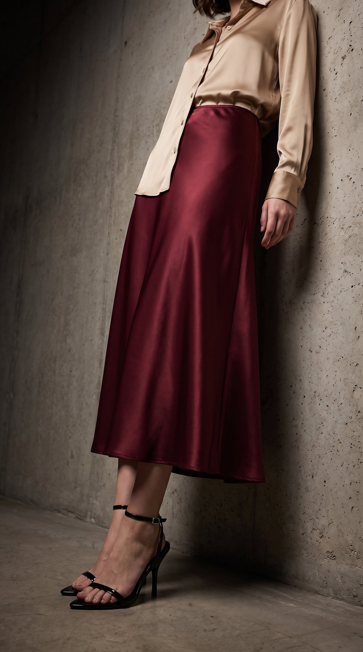 Women’s Flowing Satin Skirt – Full-Length Elegant Formal Wear in Maroon